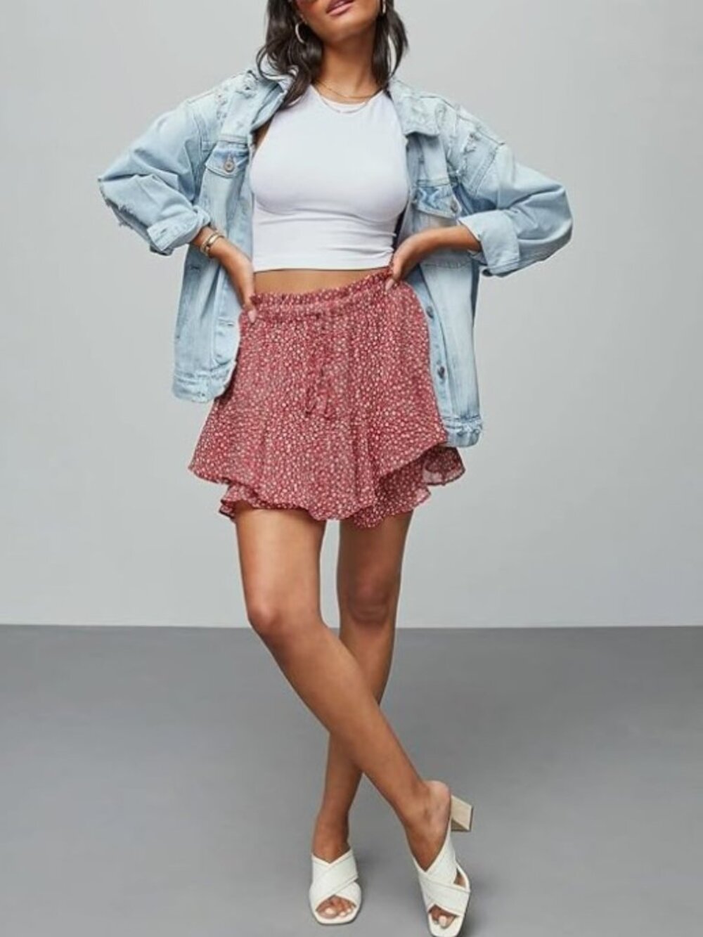 Aoudery 🟣 Size XL Flowy Boho Ruffle Skort in Red and White Floral